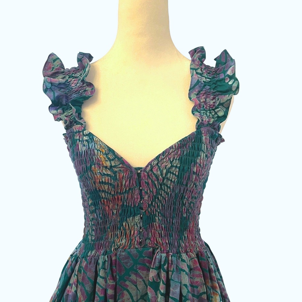 Sika Traci Smocked Maxi Dress 6 Leaf Print Tropical Resort Vacation Cotton Teal - Picture 3 of 16